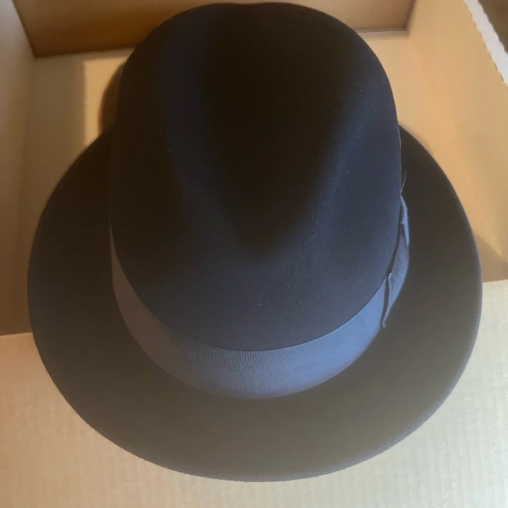 BLACK FRIDAY SALE-Men’s Blue Wool dress hat with satin ribbon and feather - Picture 3 of 9